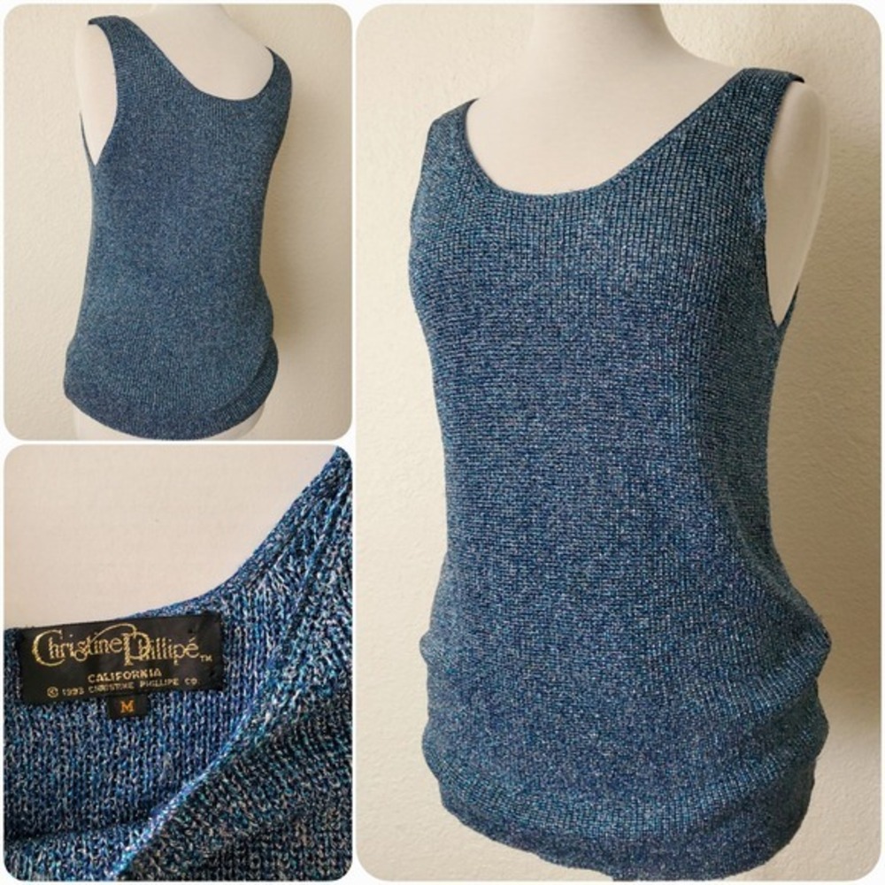 Vintage 90s‎ Blue Crochet Knit Tank Christine Phillipe Sleeveless Shimmer Top M